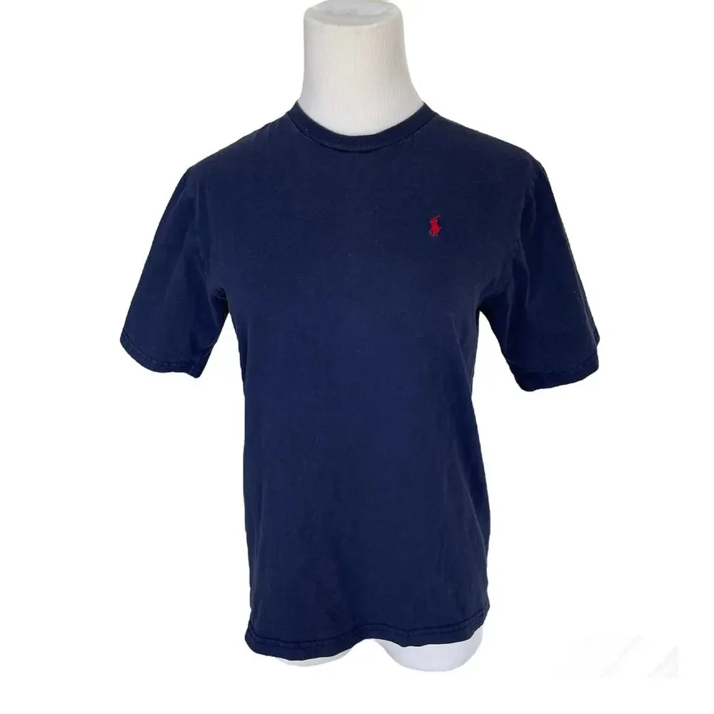 Boys M 10 Ralph Lauren Short Sleeve Navy Blue Tee Shirt Red Polo Pony